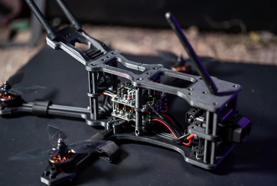 FPV-class assembly — carbon-fiber printed, GaAs-amplified link.